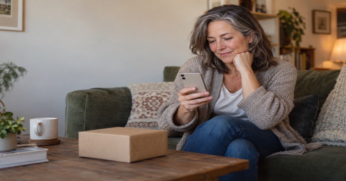 Woman on a sofa checking her phone beside a small parcel