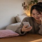 Young woman on her bed checking her phone beside a pastel poly mailer