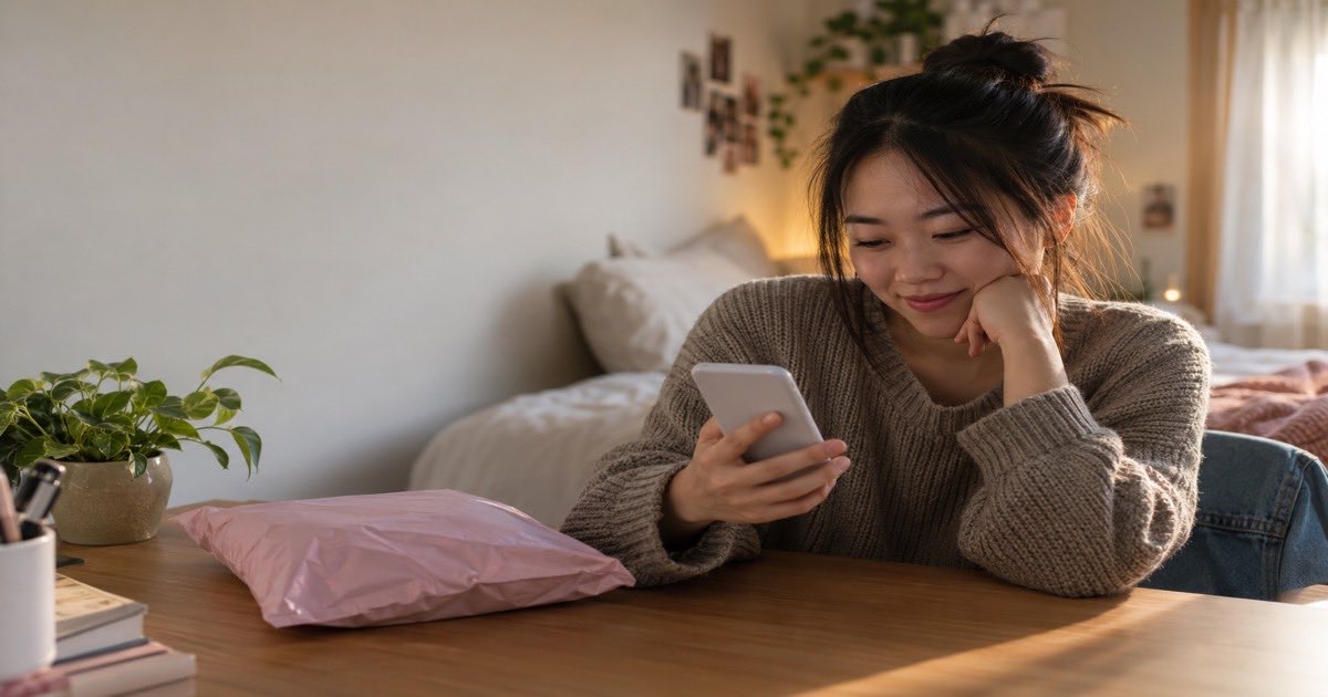Young woman on her bed checking her phone beside a pastel poly mailer