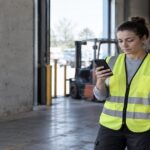Warehouse worker in a hi-vis vest checking her phone beside a freight pallet