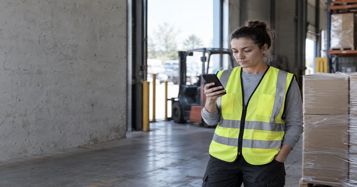 Warehouse worker in a hi-vis vest checking her phone beside a freight pallet