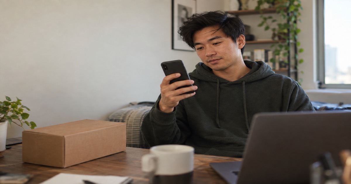 Young man at a home desk checking his phone beside a plain parcel