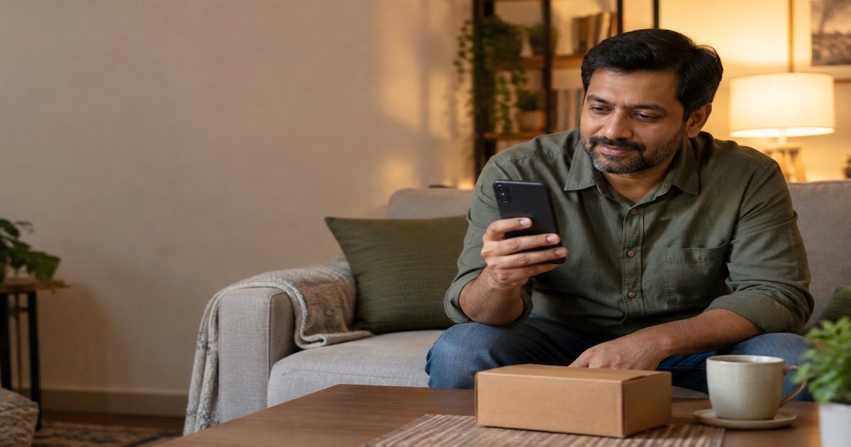 Man on a sofa checking his phone beside a small parcel in the evening