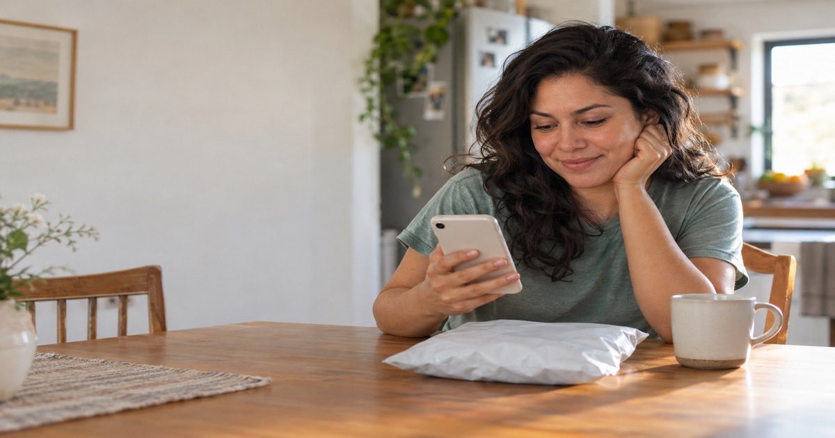 Woman at a kitchen table checking her phone beside a poly mailer