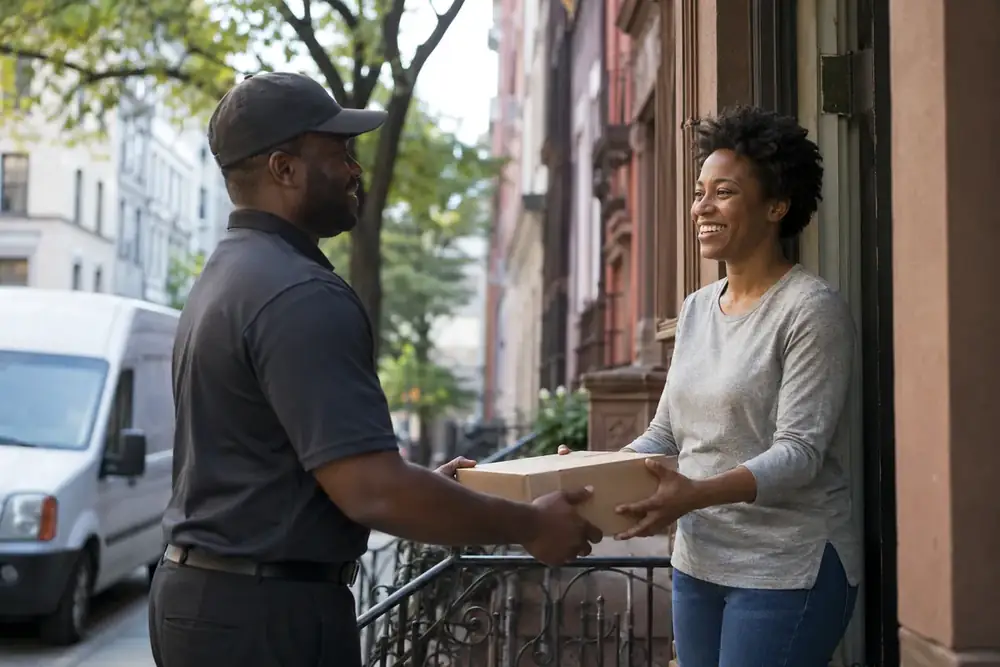 A courier delivering an OSM Worldwide parcel on the USPS final mile