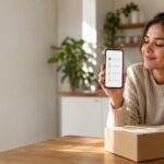 Woman at home checking AliExpress tracking on her phone next to a parcel