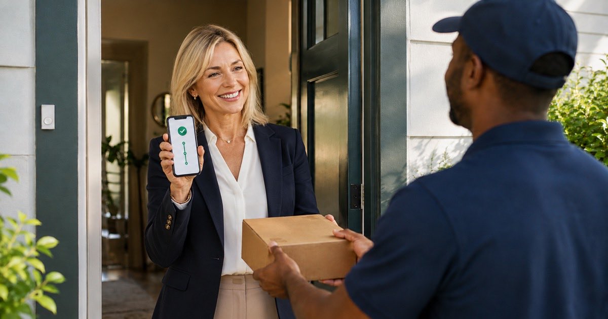Buyer receiving a delivered DHgate parcel at the door with tracking on phone