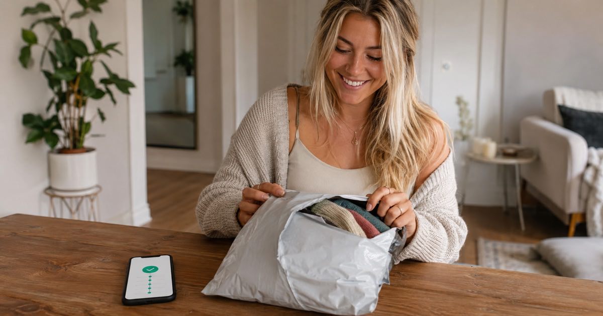 Young buyer opening a delivered Vinted clothing parcel at home