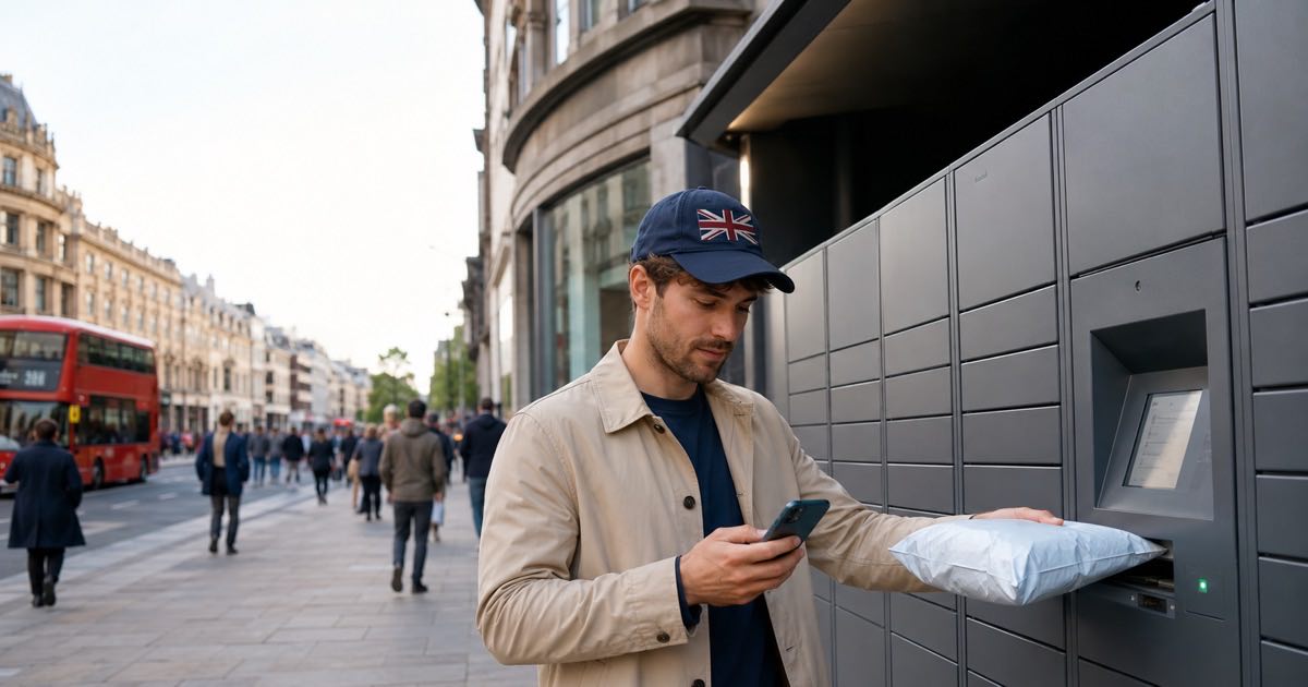 Person collecting a Vinted parcel from a parcel locker while checking tracking