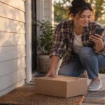 Woman on her doorstep picking up a parcel while checking her phone at dusk