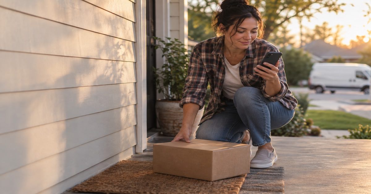 Woman on her doorstep picking up a parcel while checking her phone at dusk