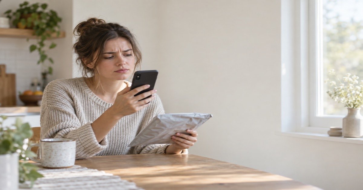 Frustrated shopper at home checking her phone next to a slow China Post poly-mailer parcel