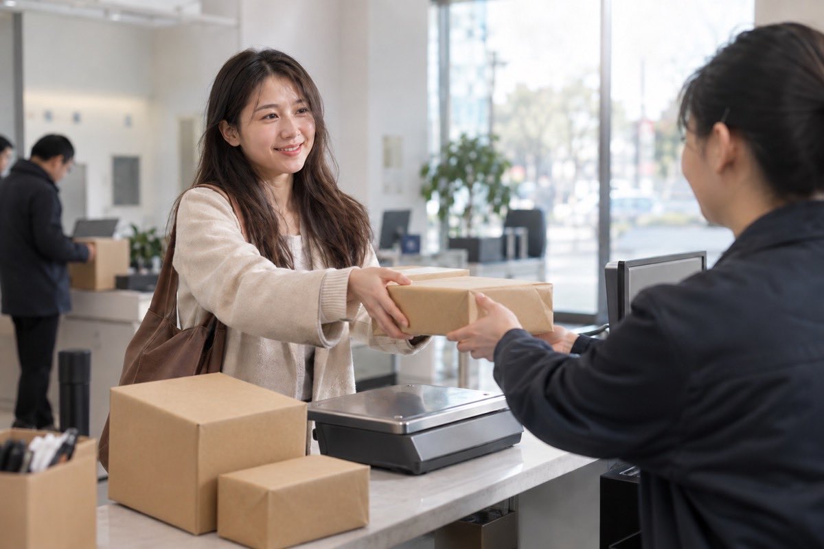 A customer handing a parcel across the counter at a China Post office