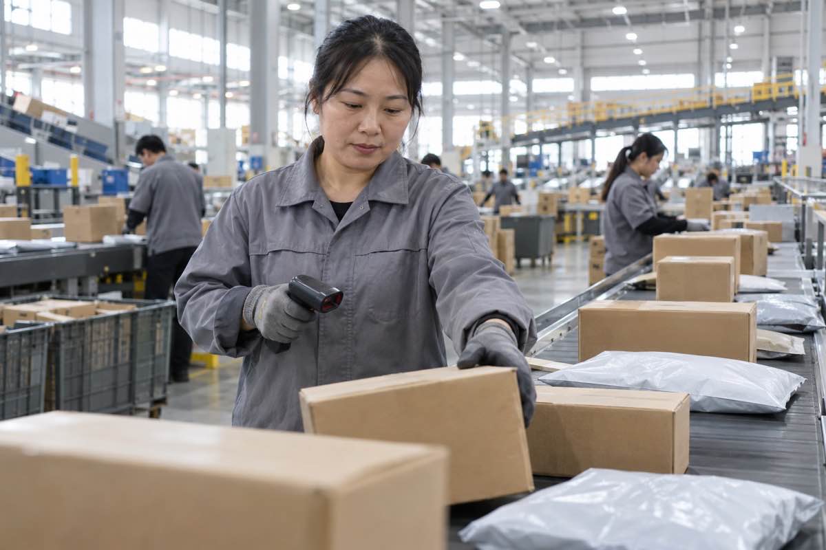 Parcels being scanned and sorted at a China Post sorting facility