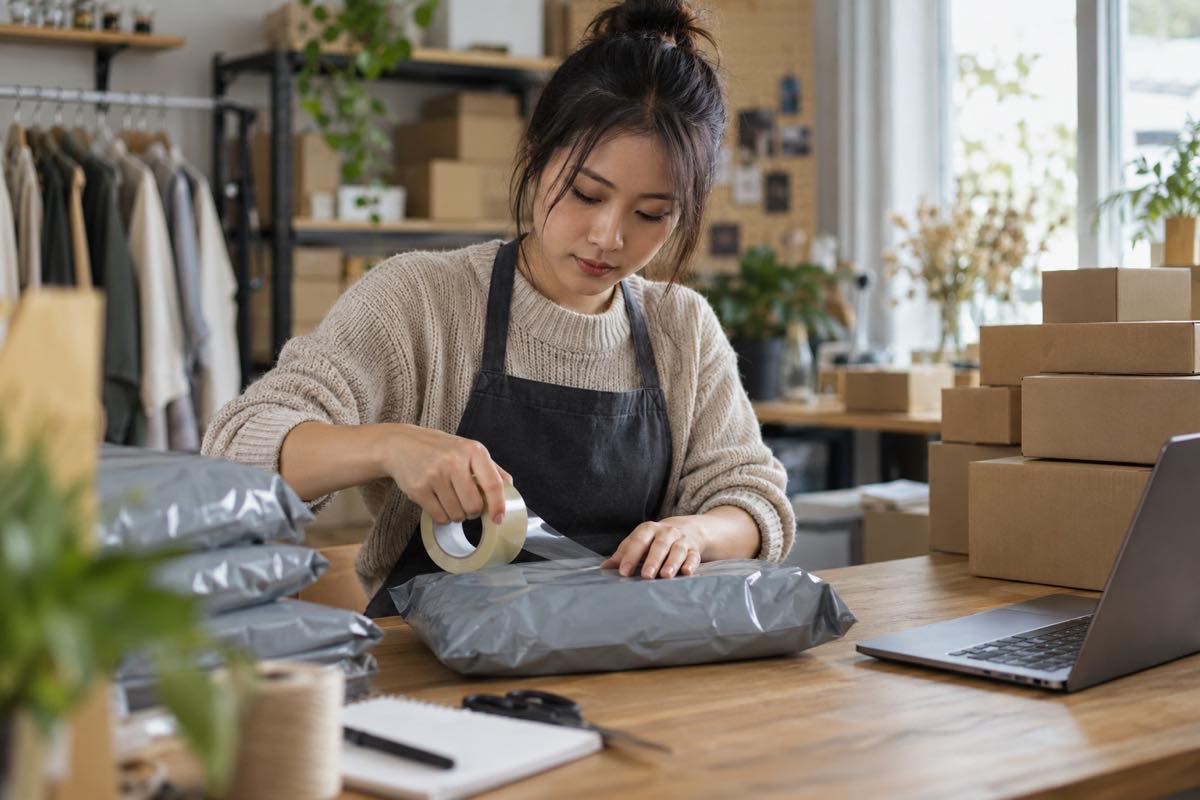 A small online seller in China packing parcels for international shipping
