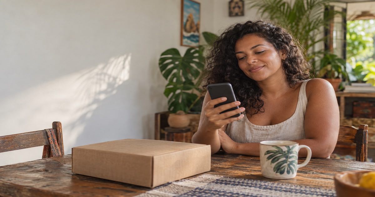 Woman at a table checking her phone beside a parcel with plants behind