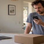 Man at a kitchen counter checking his phone next to a plain parcel
