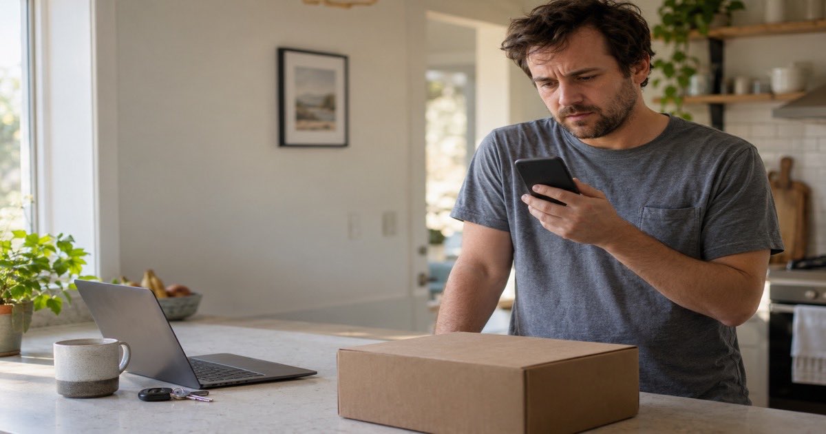 Man at a kitchen counter checking his phone next to a plain parcel