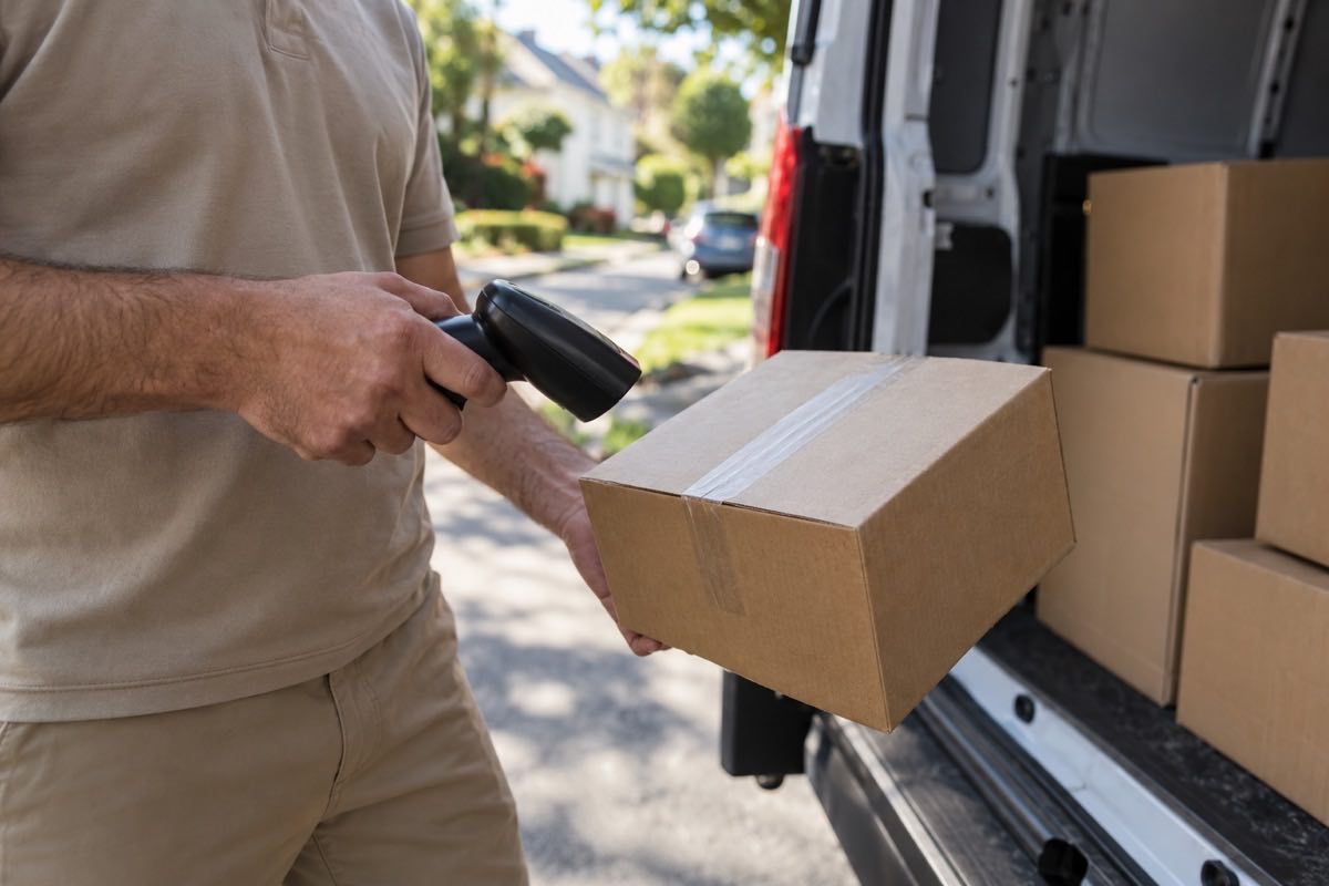 A courier scanning a parcel barcode — each scan updates the DHL tracking status