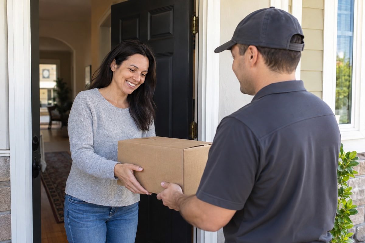 A courier handing a DHL parcel to someone at their front door
