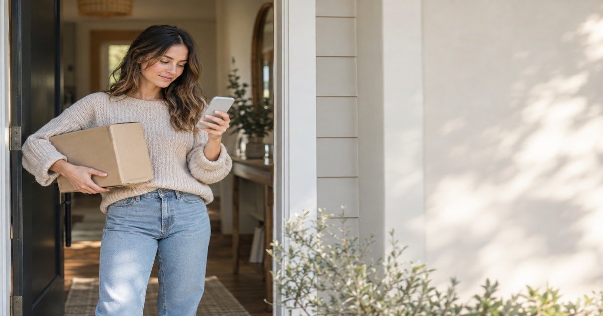 A shopper at her door holding a delivered parcel and checking her phone