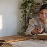 Woman in a crafty plant-filled home checking her phone beside a twine-tied parcel