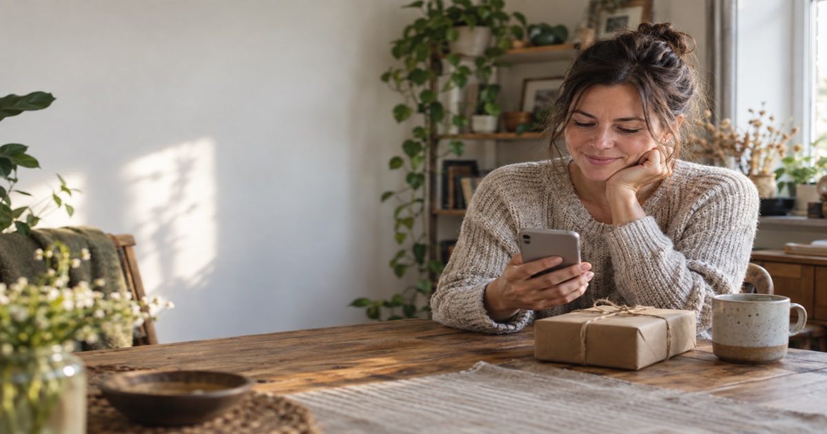 Woman in a crafty plant-filled home checking her phone beside a twine-tied parcel