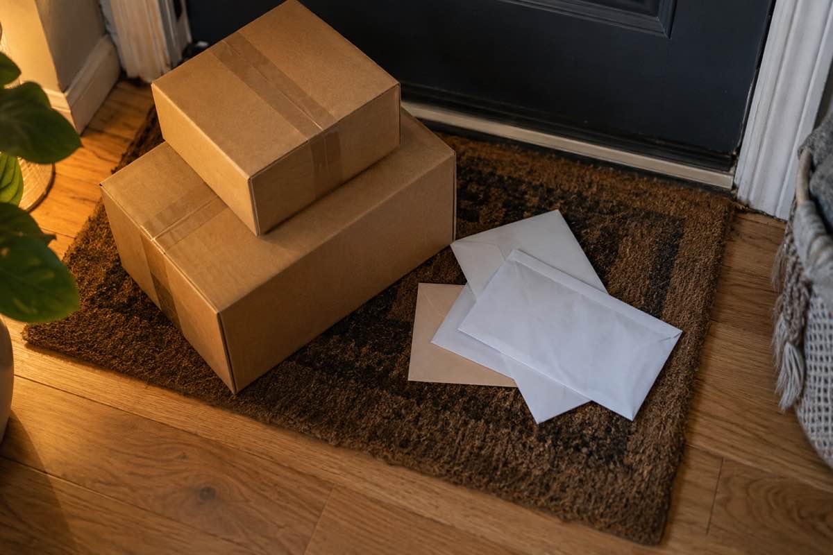 Parcels and letters freshly delivered on a doormat just inside a front door