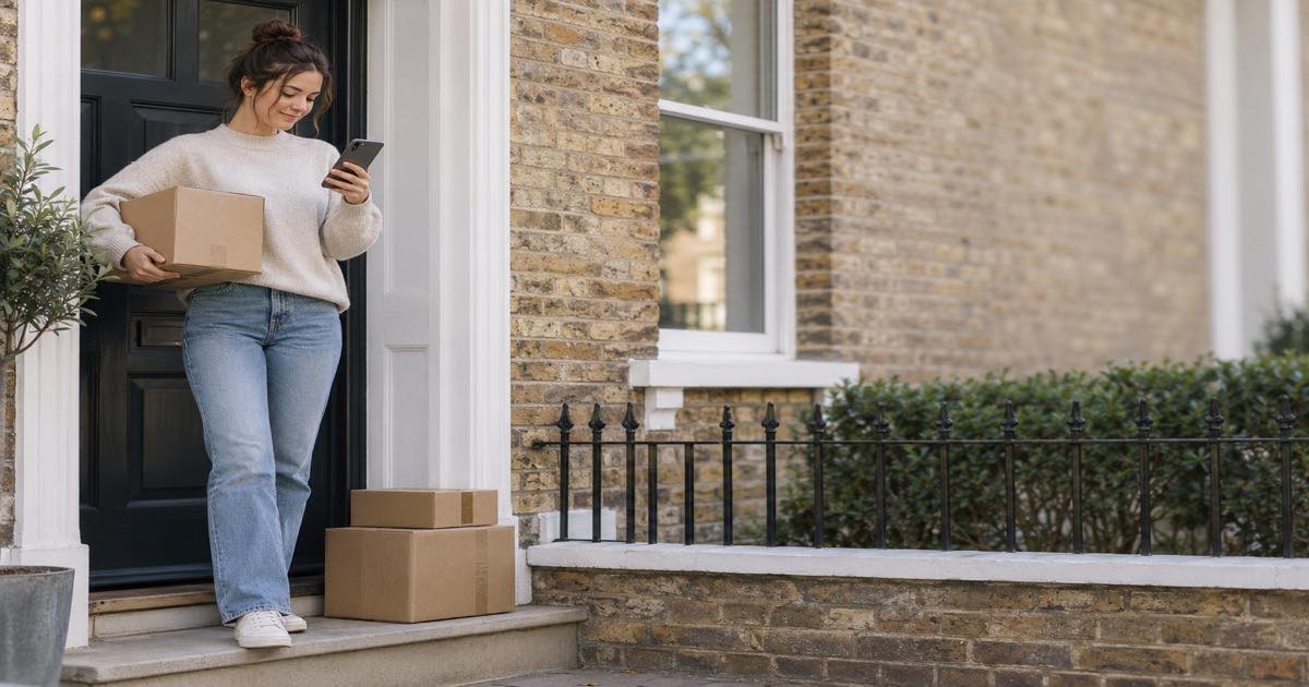 A UK shopper on her doorstep holding a parcel and checking her phone, more parcels on the step
