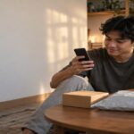 Young man on the floor of an apartment checking his phone beside a parcel