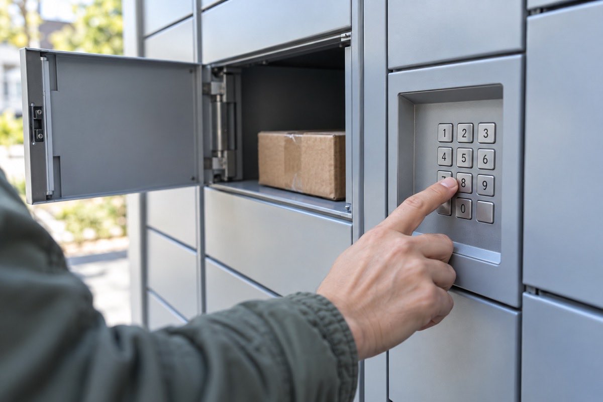 Entering a code on the keypad of a parcel locker to collect a Mondial Relay parcel