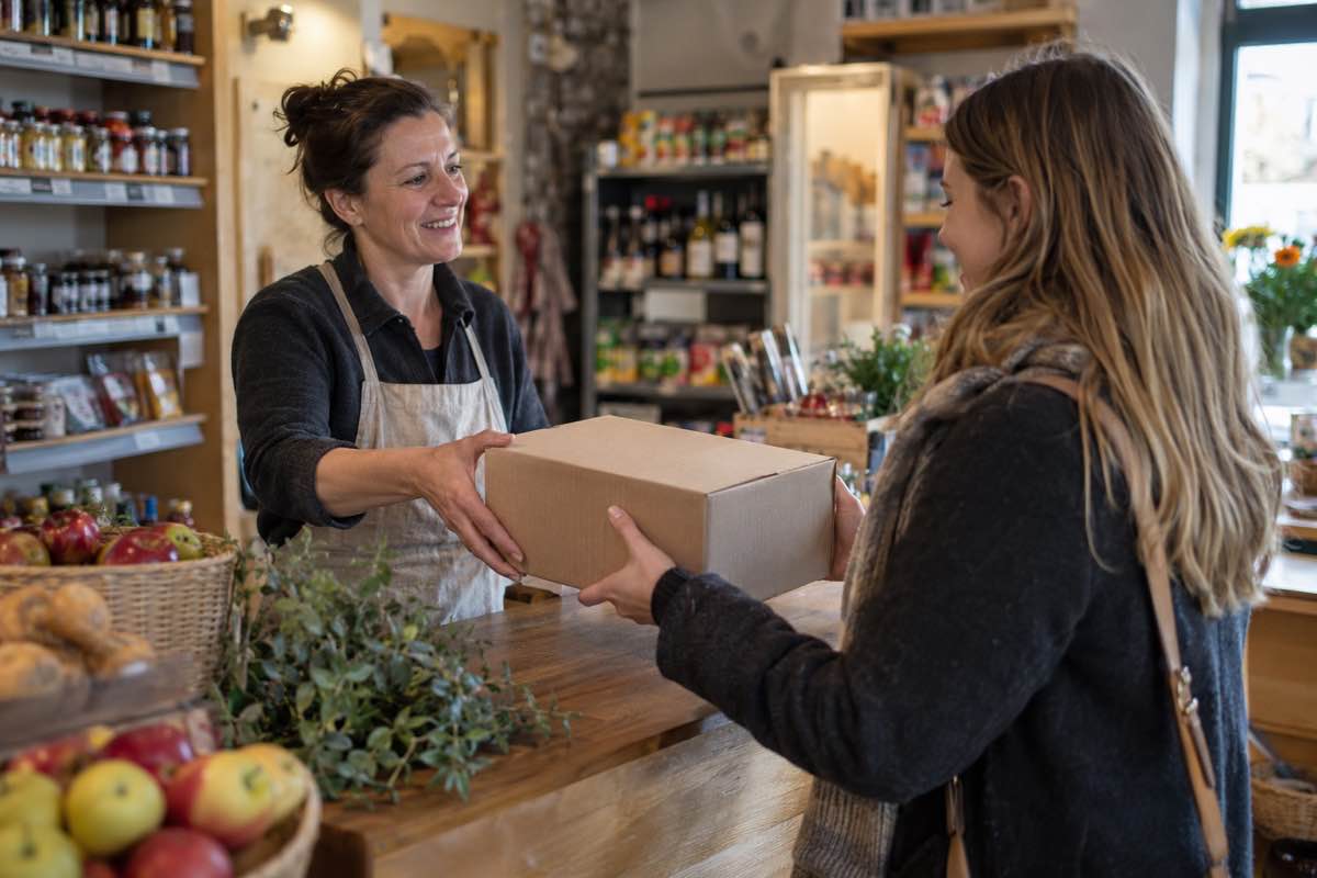 A shopper collecting a parcel from a Mondial Relay pickup point counter