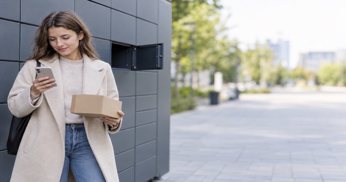 A shopper collecting a parcel at an outdoor locker bank, phone in hand