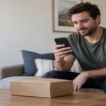 Man on a sofa checking his phone beside a plain parcel