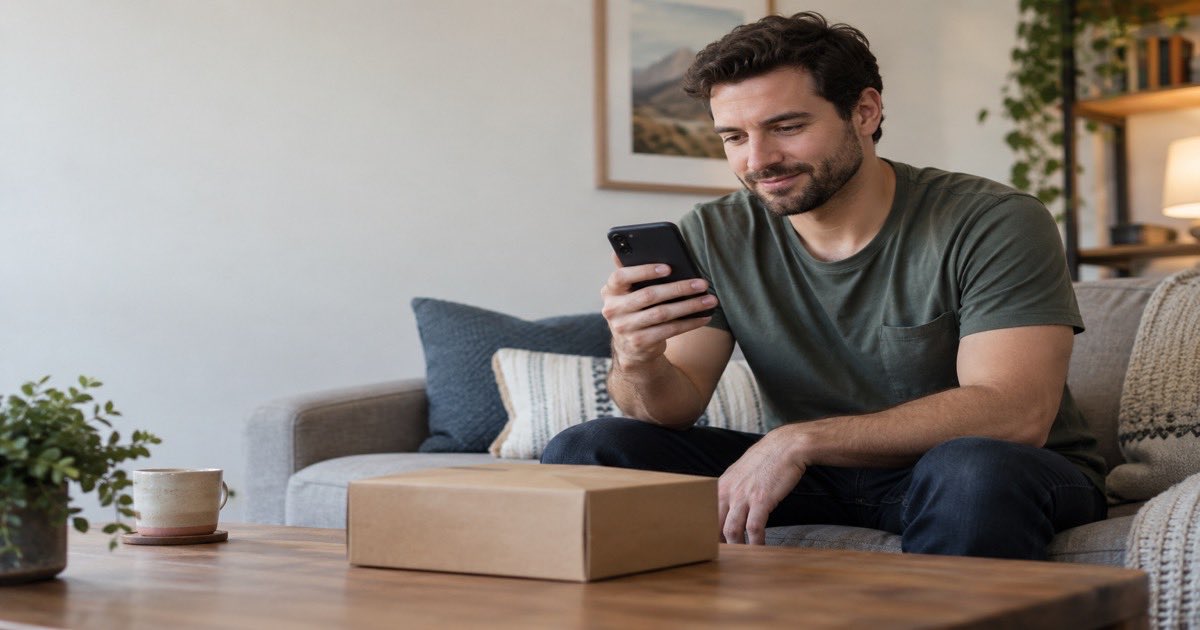 Man on a sofa checking his phone beside a plain parcel