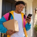Young man in colourful streetwear checking his parcel tracking on a phone