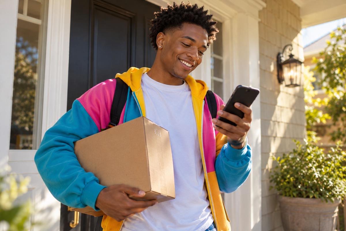 Young man in colourful streetwear checking his parcel tracking on a phone
