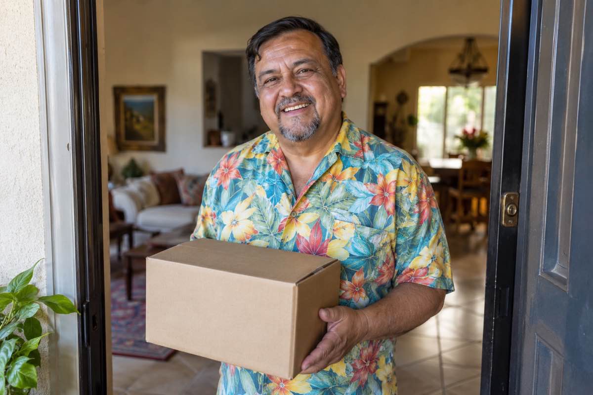 Man in a colourful shirt receiving a parcel at his front door