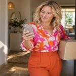Blonde woman receiving a parcel at her door and checking the tracking on her phone