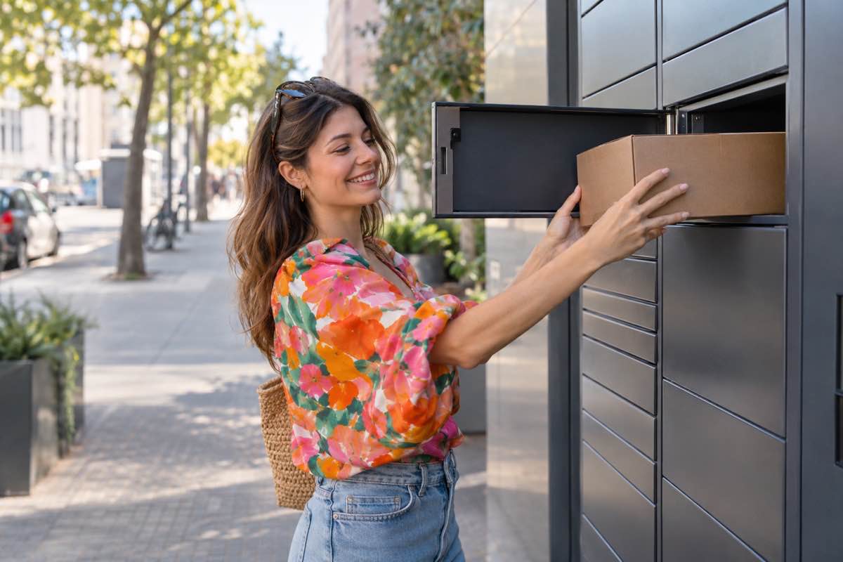 Young woman in a colourful top dropping a parcel into an open city parcel locker