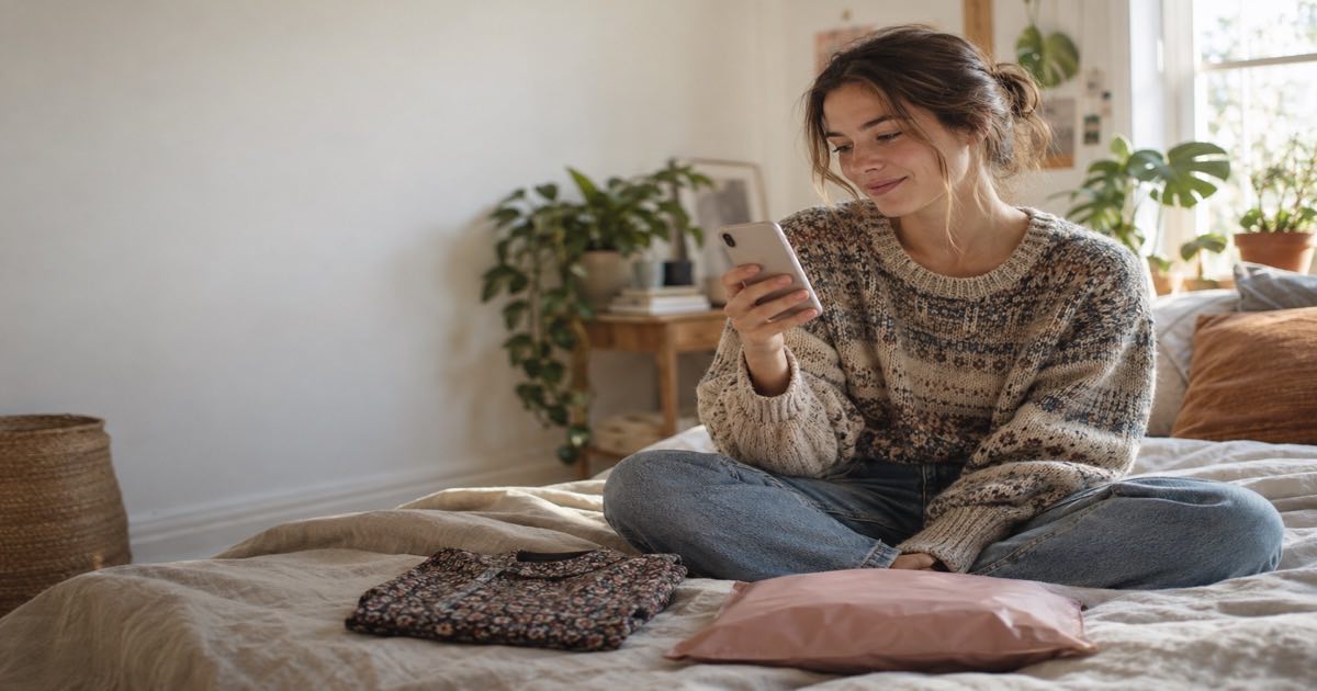 Woman on her bed checking her phone beside a folded item and a soft mailer