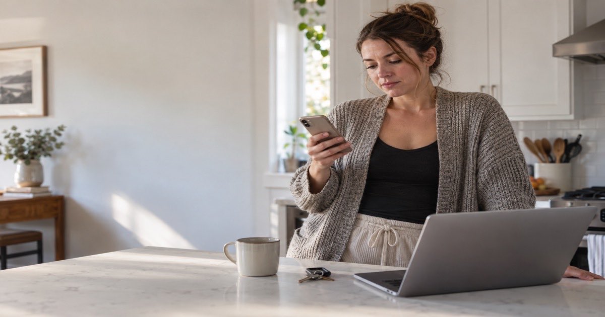 Woman at a kitchen island with a laptop checking her phone while waiting for a parcel