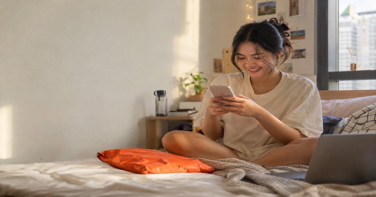 Young woman on her bed checking her phone beside an orange parcel mailer