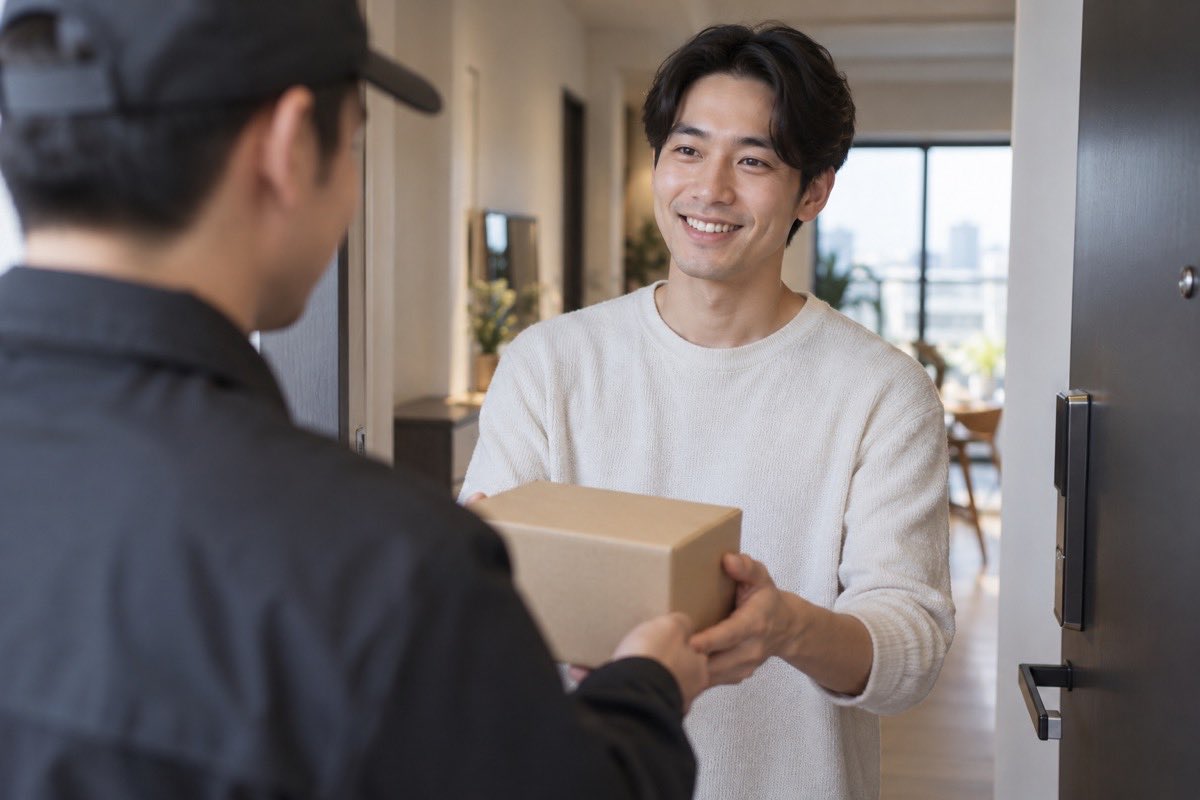 Shopper receiving a TikTok Shop parcel from a courier at the front door