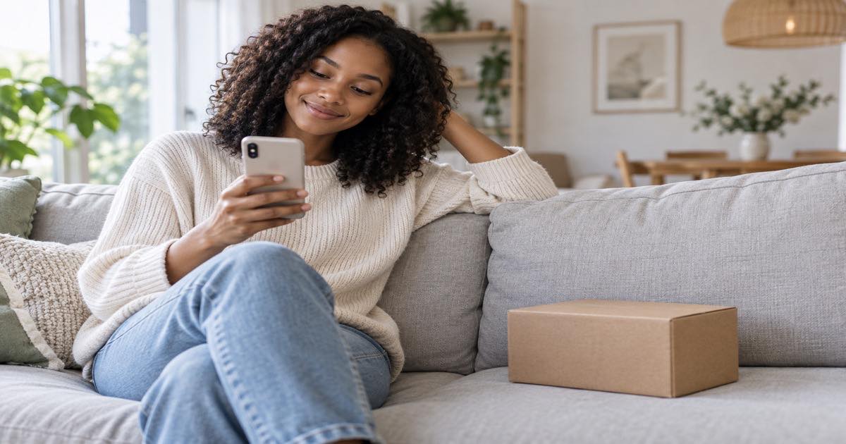 Young woman on a sofa checking a TikTok Shop order on her phone beside a delivered parcel