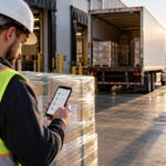 Warehouse worker in a hi-vis vest checking an AAA Cooper LTL freight shipment on a phone at a loading dock