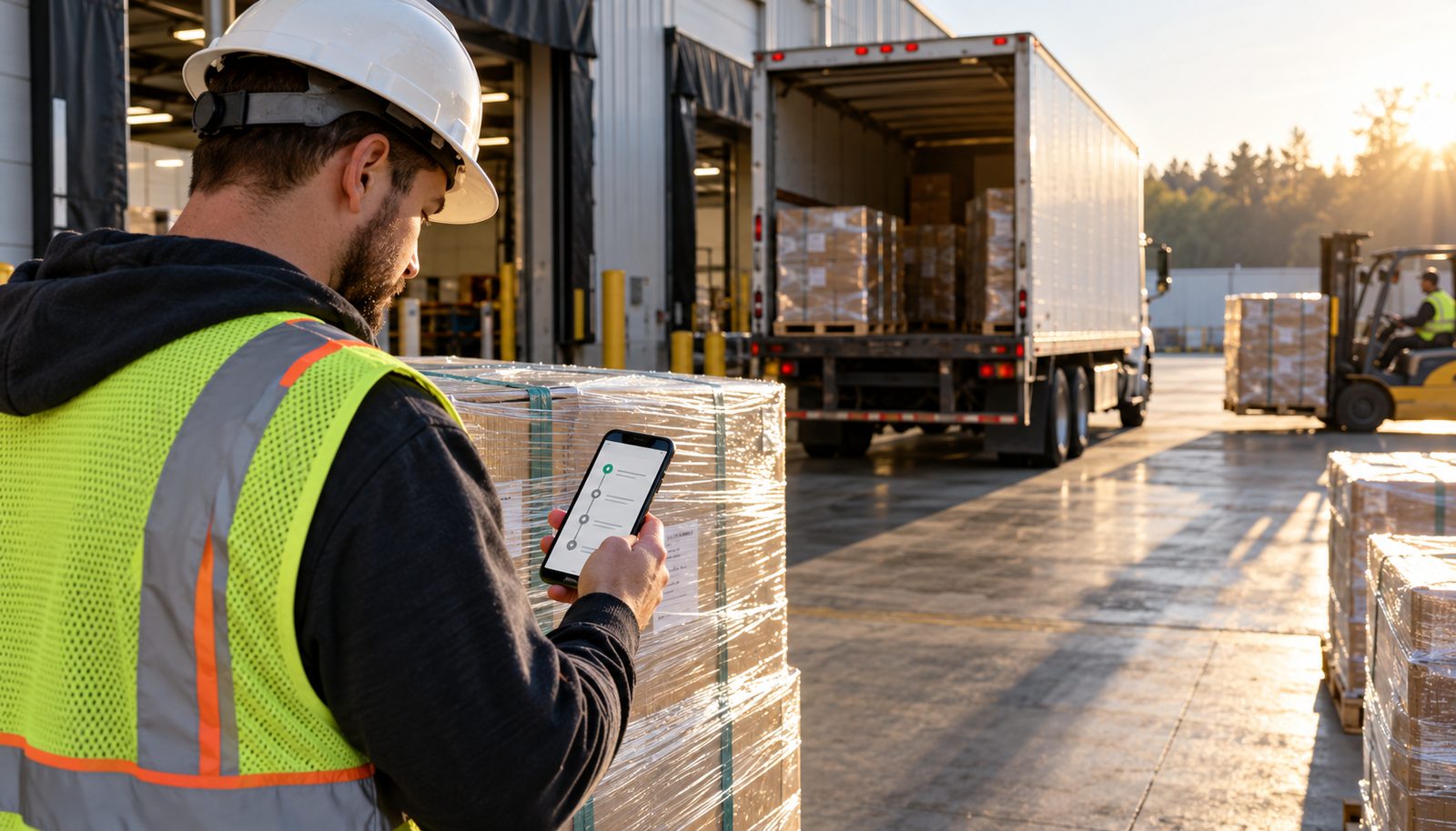 Warehouse worker in a hi-vis vest checking an AAA Cooper LTL freight shipment on a phone at a loading dock