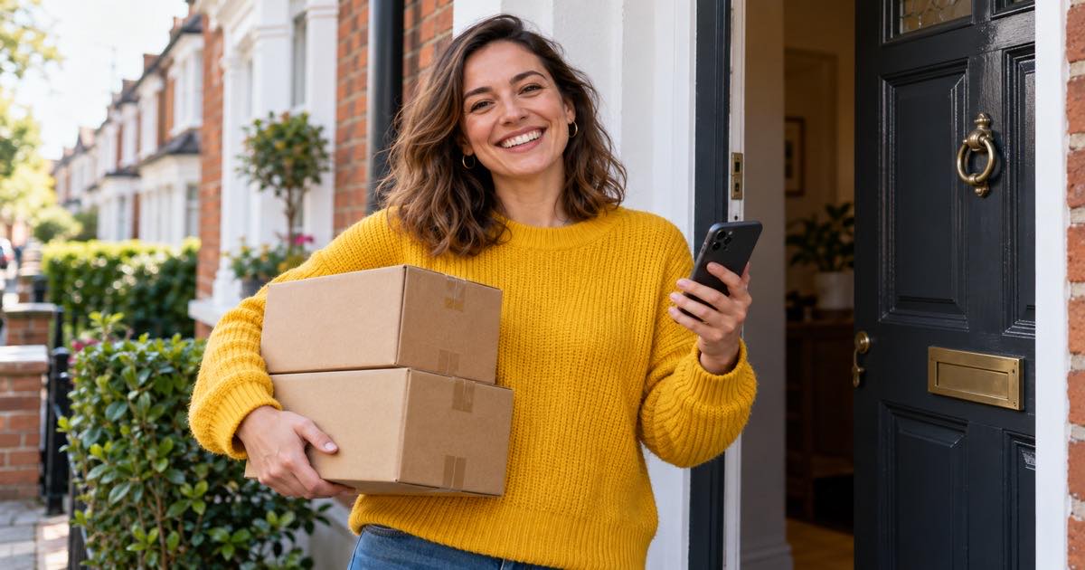 A person at a UK front door holding two parcels and a phone, comparing an Evri and a DPD delivery